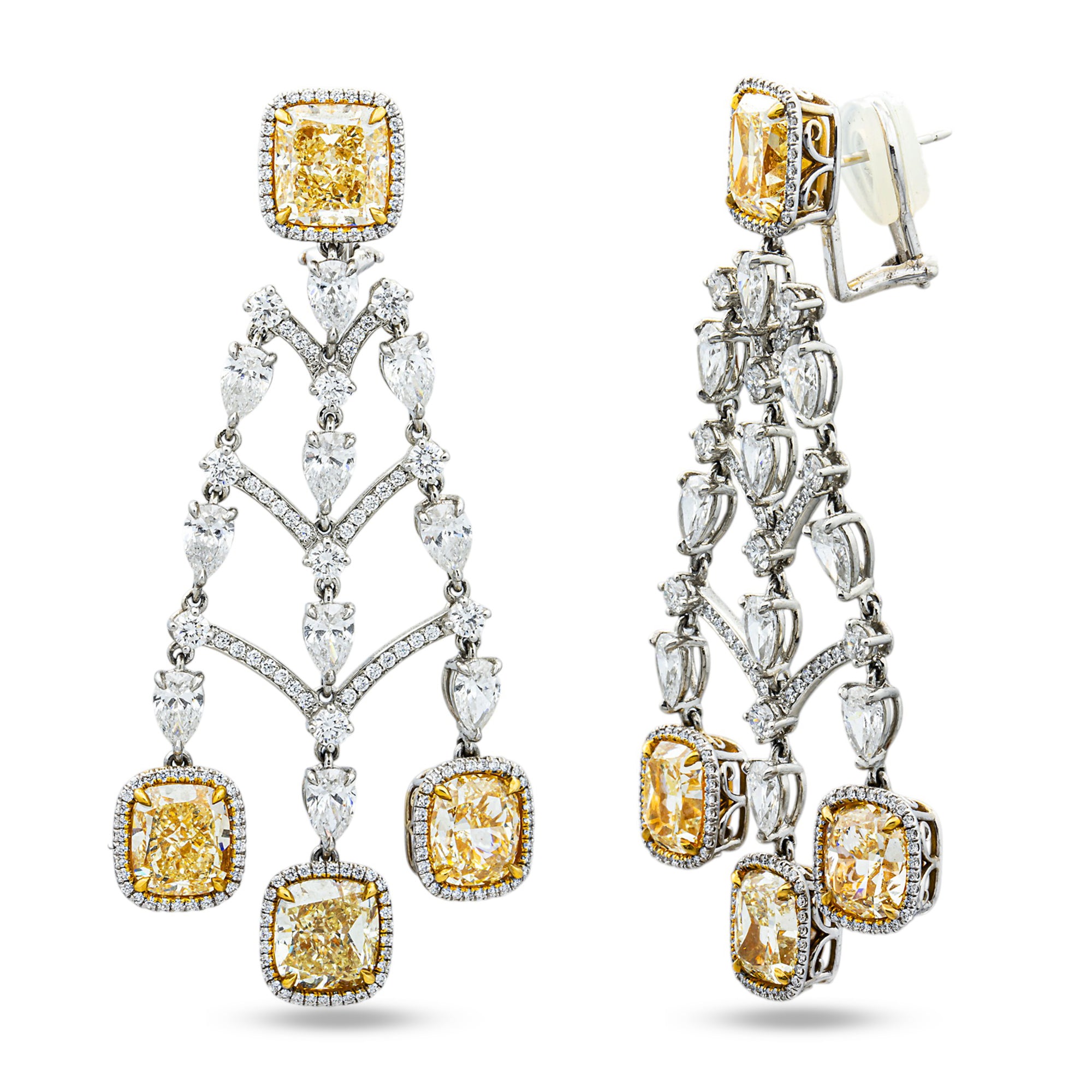Platinum & 18K Gold Fancy Yellow & White Diamond Chandelier Drop Earrings 36.96ctw