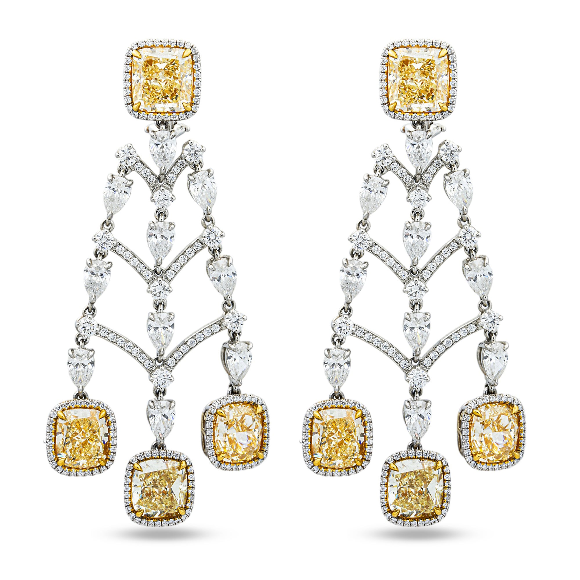 Platinum & 18K Gold Fancy Yellow & White Diamond Chandelier Drop Earrings 36.96ctw