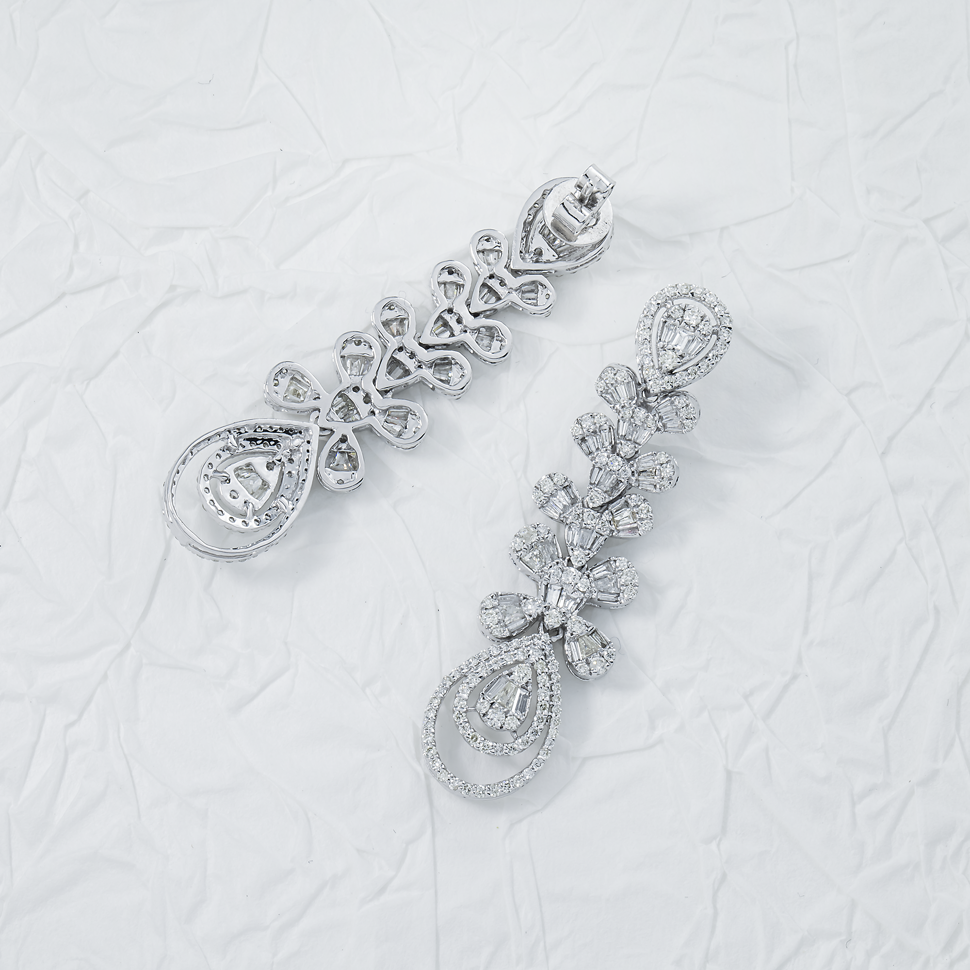 14K White Gold Peacock Feather Diamond Drop Earrings 2.92ctw
