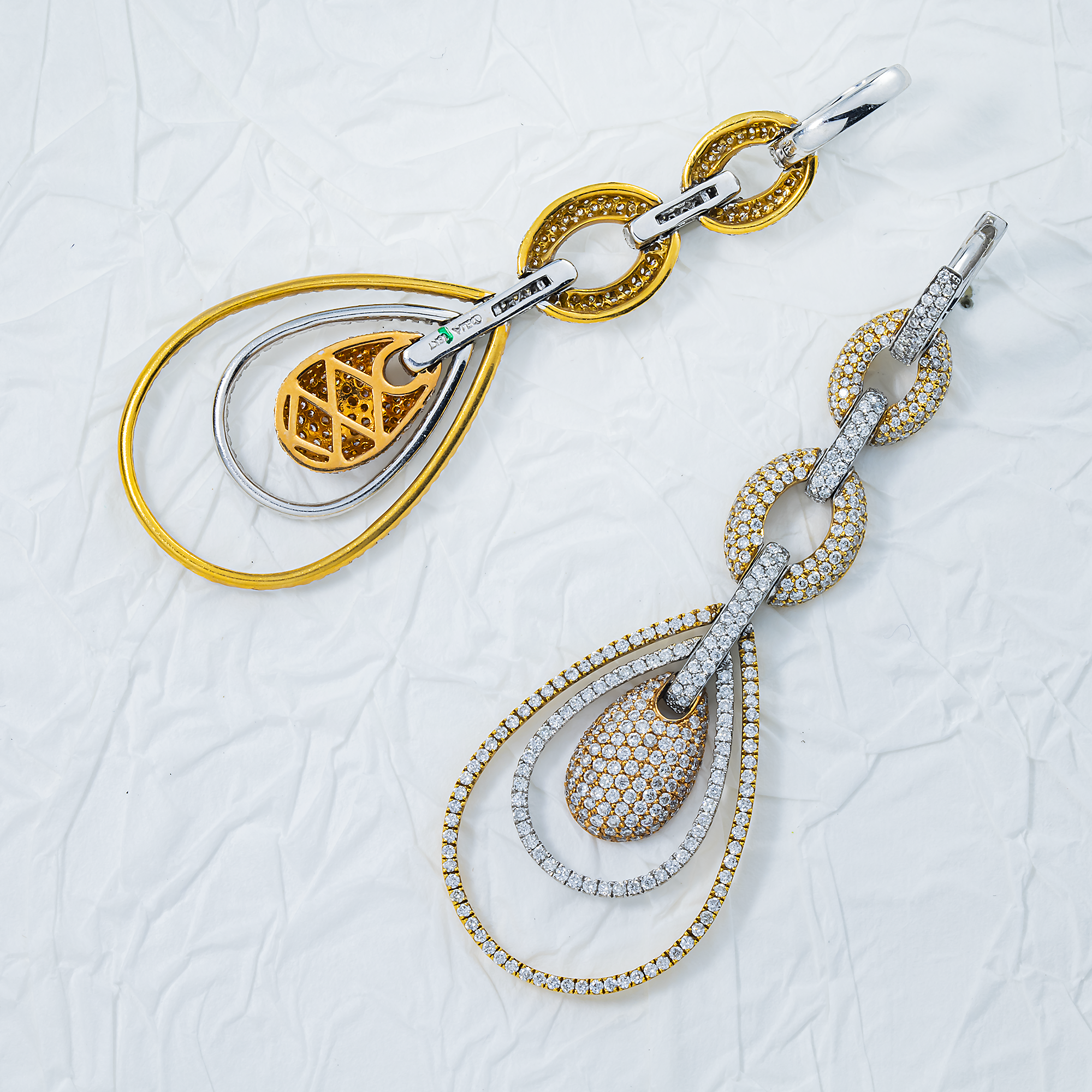 18K Tri Color Chain Link Round Diamond Drop Earrings 4.57ctw