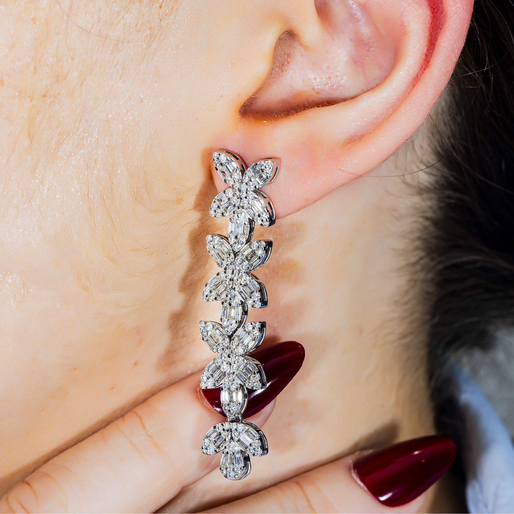 14K White Gold Baguette & Round Diamond Flower Drop Earrings 4.94ctw