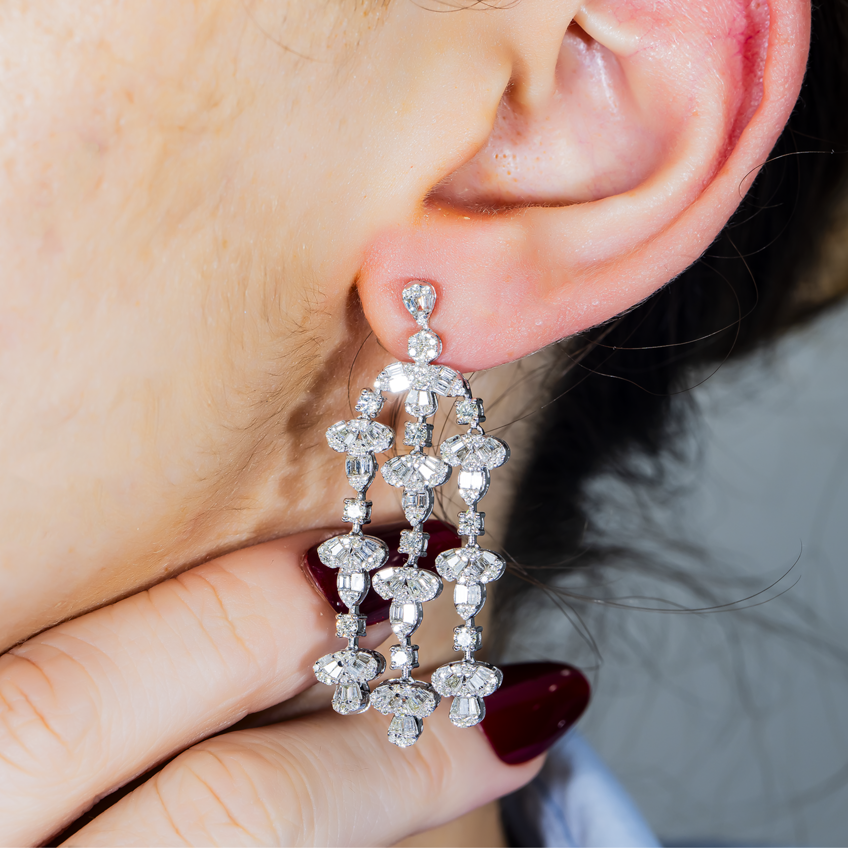 14K White Gold Triple Tier Baguette & Round Diamond Drop Earrings 3.88ctw