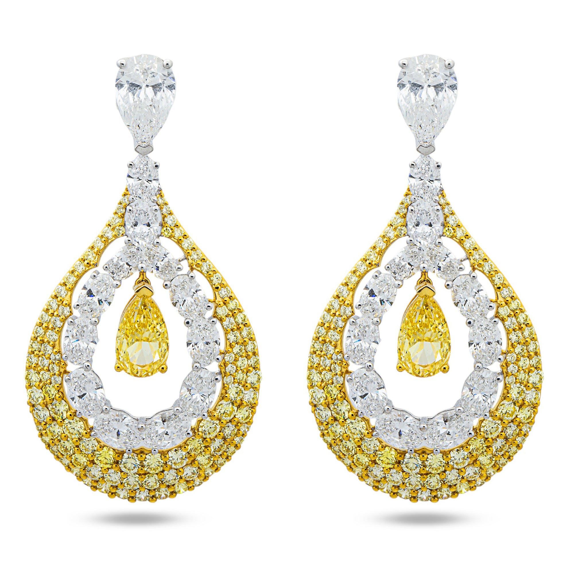 IGI 14K Two Tone Multi Shape Fancy Yellow & White Diamond Drop Earrings 21.95ctw