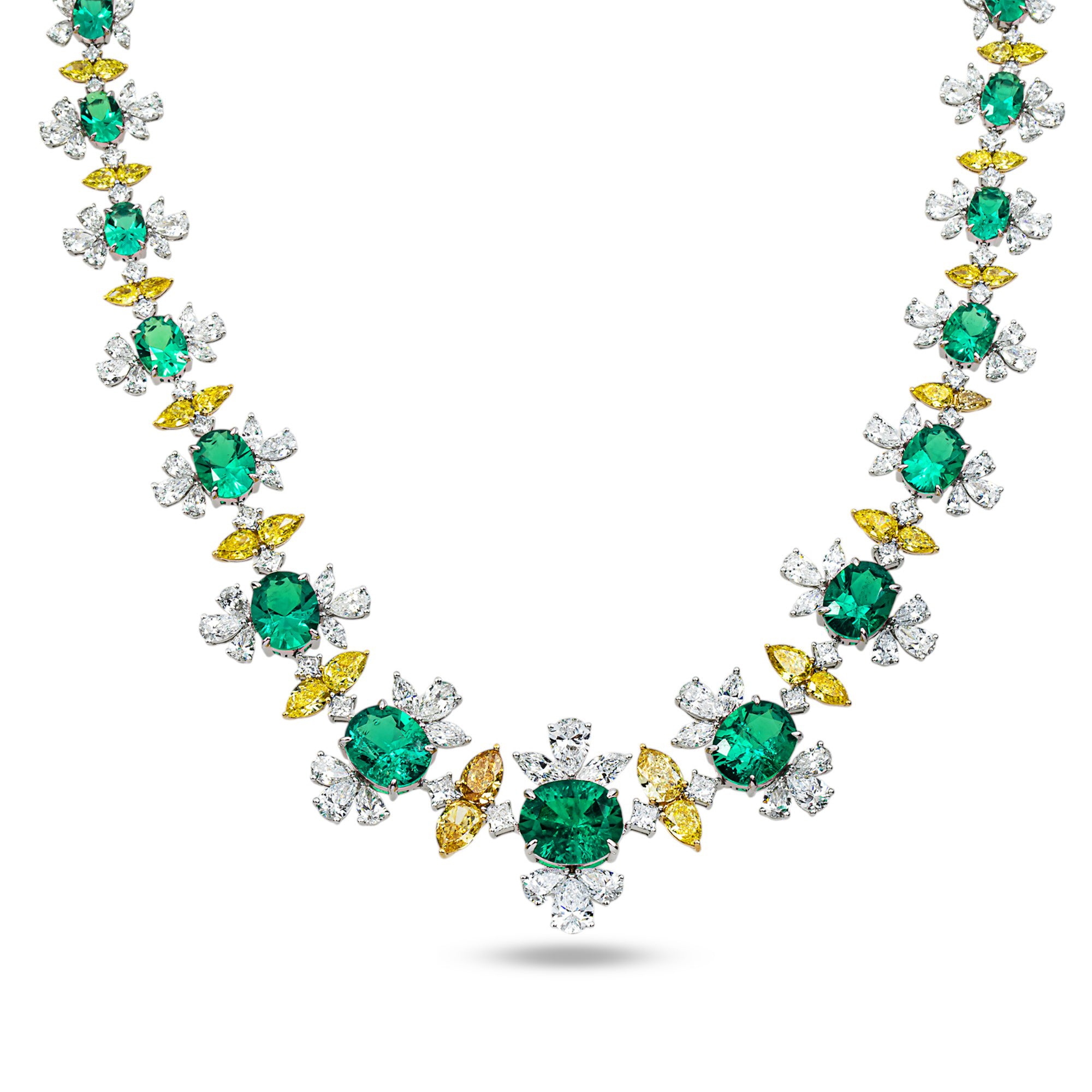 18K Two Tone Fancy Yellow Diamond & Emerald Necklace 63.50ctw