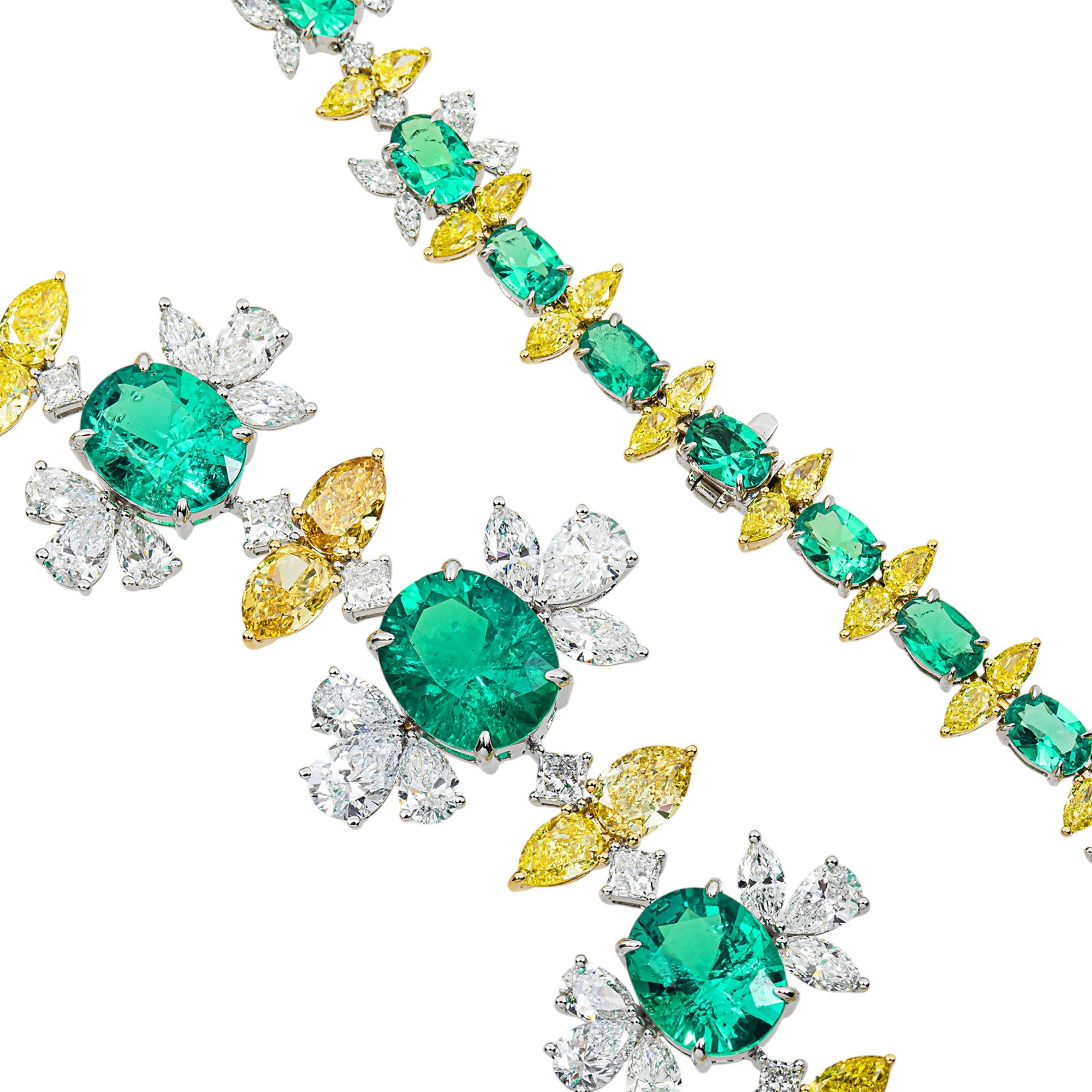 18K Two Tone Fancy Yellow Diamond & Emerald Necklace 63.50ctw