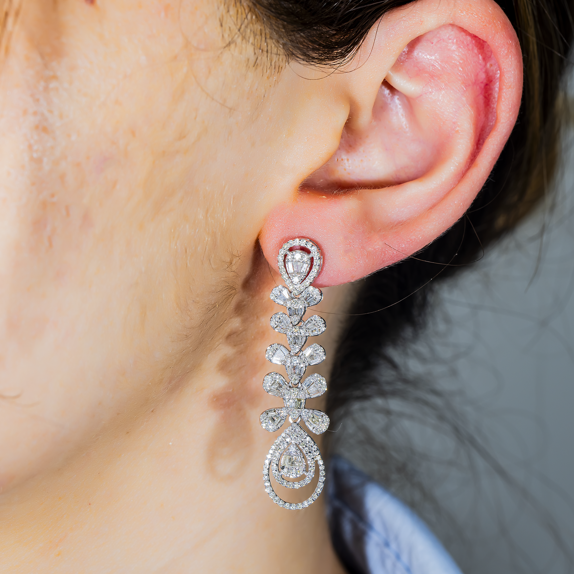 14K White Gold Peacock Feather Diamond Drop Earrings 2.92ctw