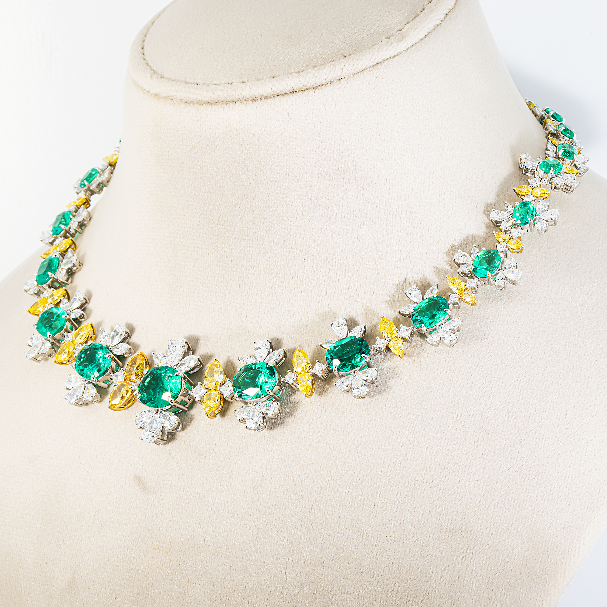 18K Two Tone Fancy Yellow Diamond & Emerald Necklace 63.50ctw