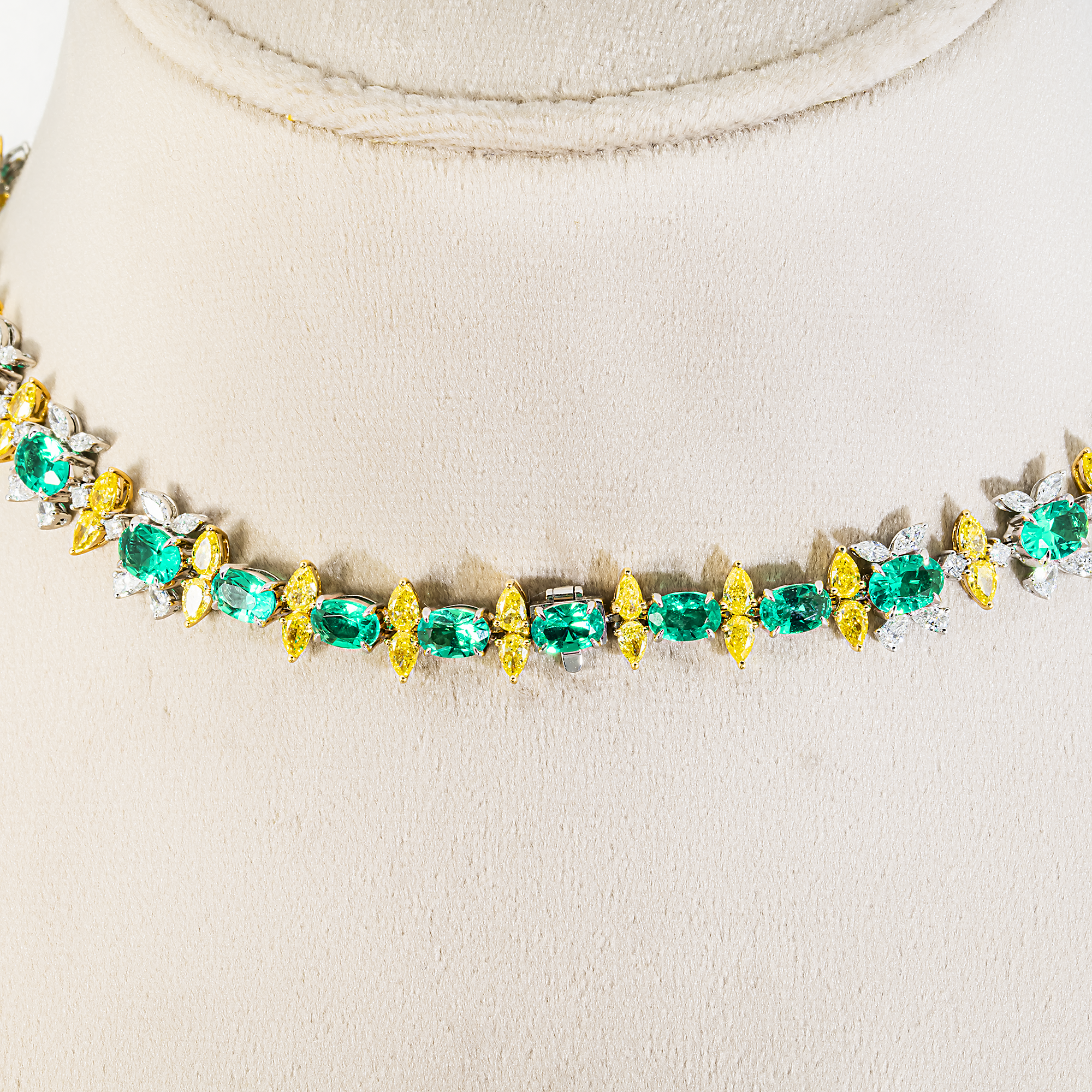 18K Two Tone Fancy Yellow Diamond & Emerald Necklace 63.50ctw