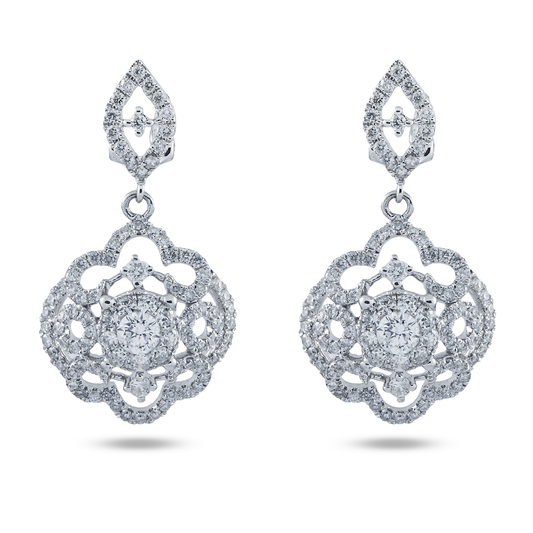 14K White Gold Round Diamond Flower Drop Earrings 2.21ctw