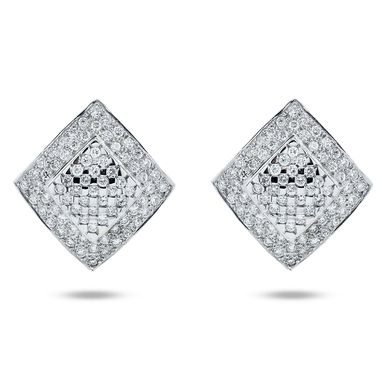 14K White Gold Pave Round Diamond Square Stud Earrings 2.65Ctw