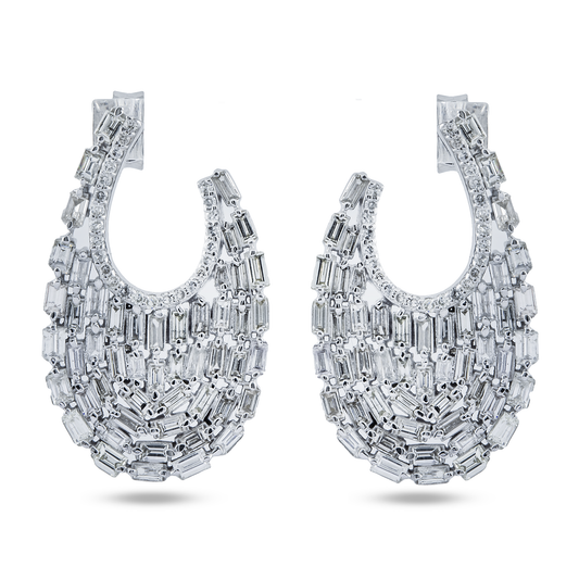 14K White Gold Emerald Cut Diamond Cluster Drop Earrings 3.70ctw