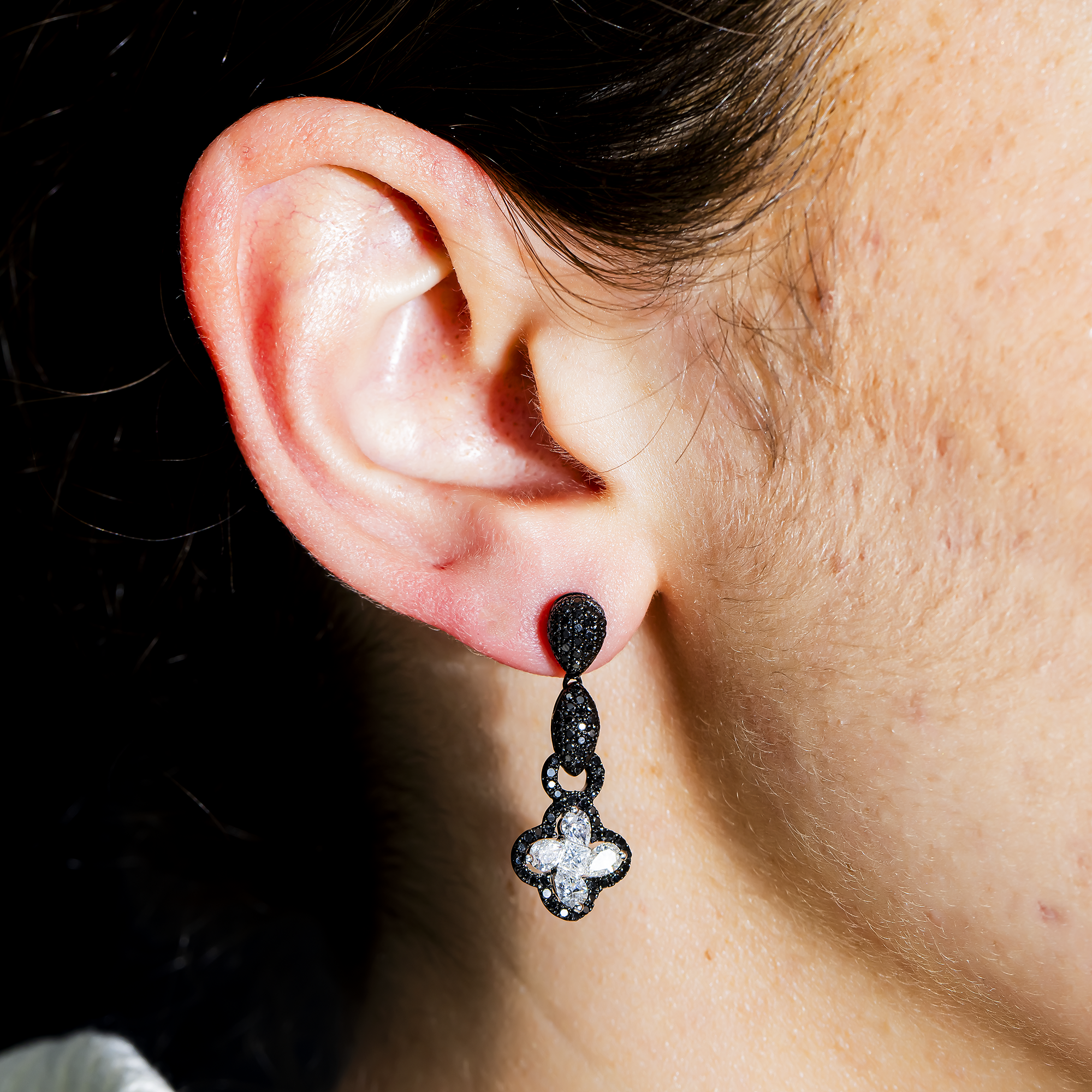 14K White Gold Black & Diamond Clover Drop Earrings 2.47Ctw
