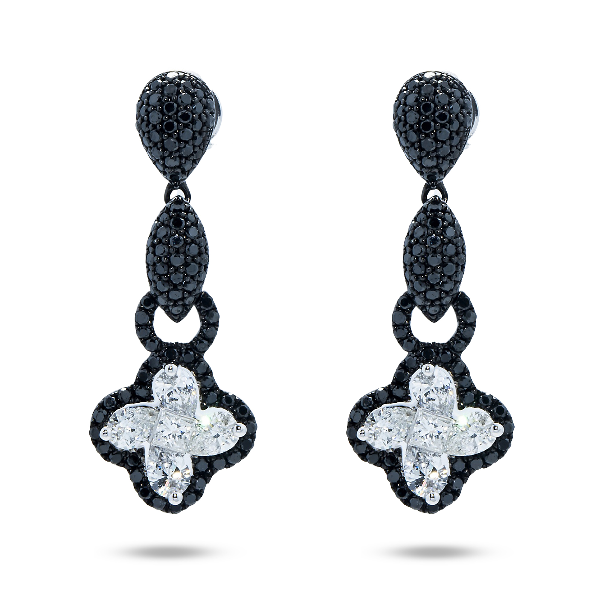 14K White Gold Black & Diamond Clover Drop Earrings 2.47Ctw