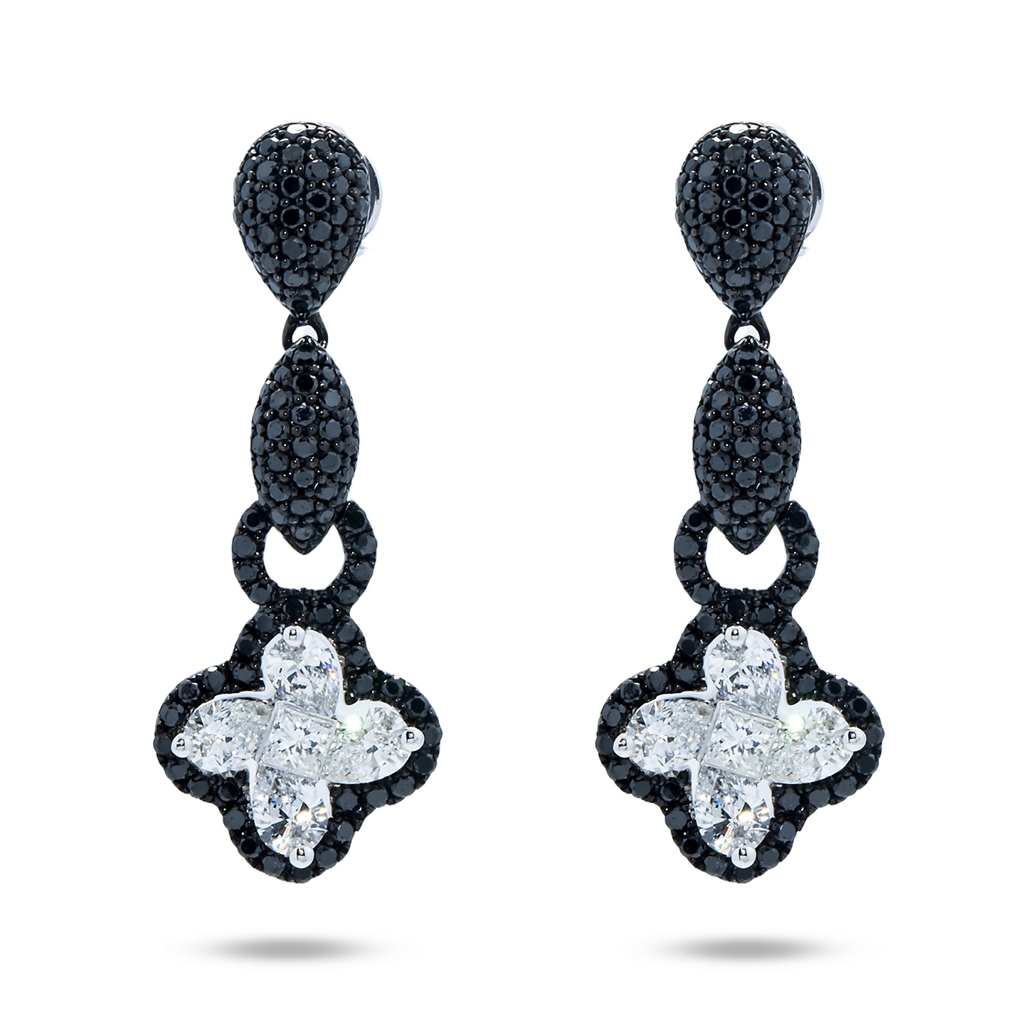 14K White Gold Black & White Diamond Clover Drop Earrings 2.47ctw