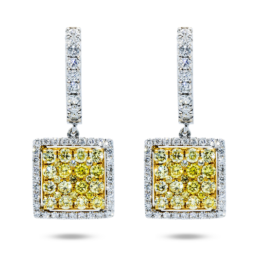 18K White Gold Round Fancy Yellow Diamond Square Drop Earring 2.19ctw