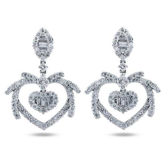 18K White Gold "Tough Love" Diamond Heart Drop Earrings 2.37ctw