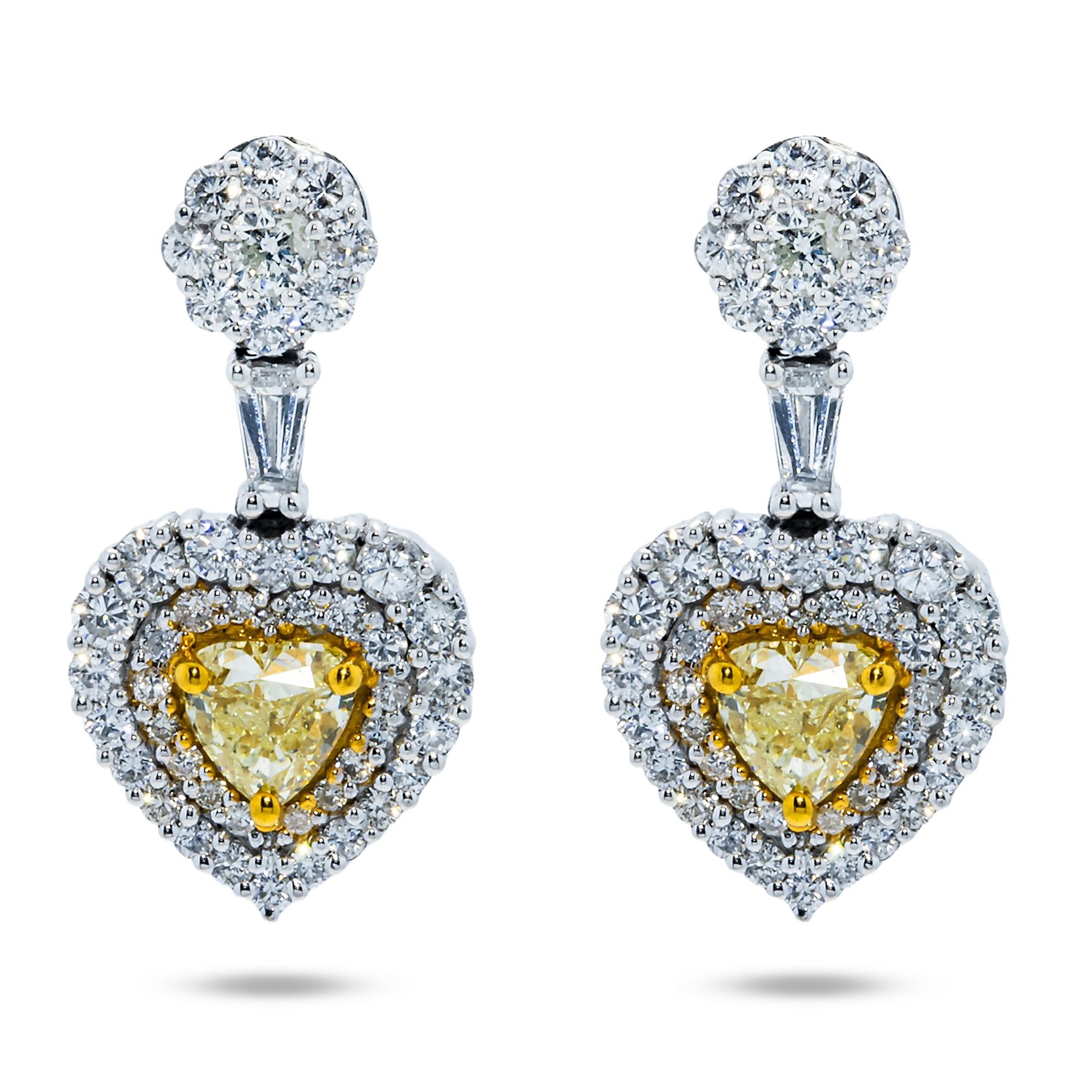 14K White Gold Heart Cut Fancy Yellow Diamond 3.25Ctw Earrings