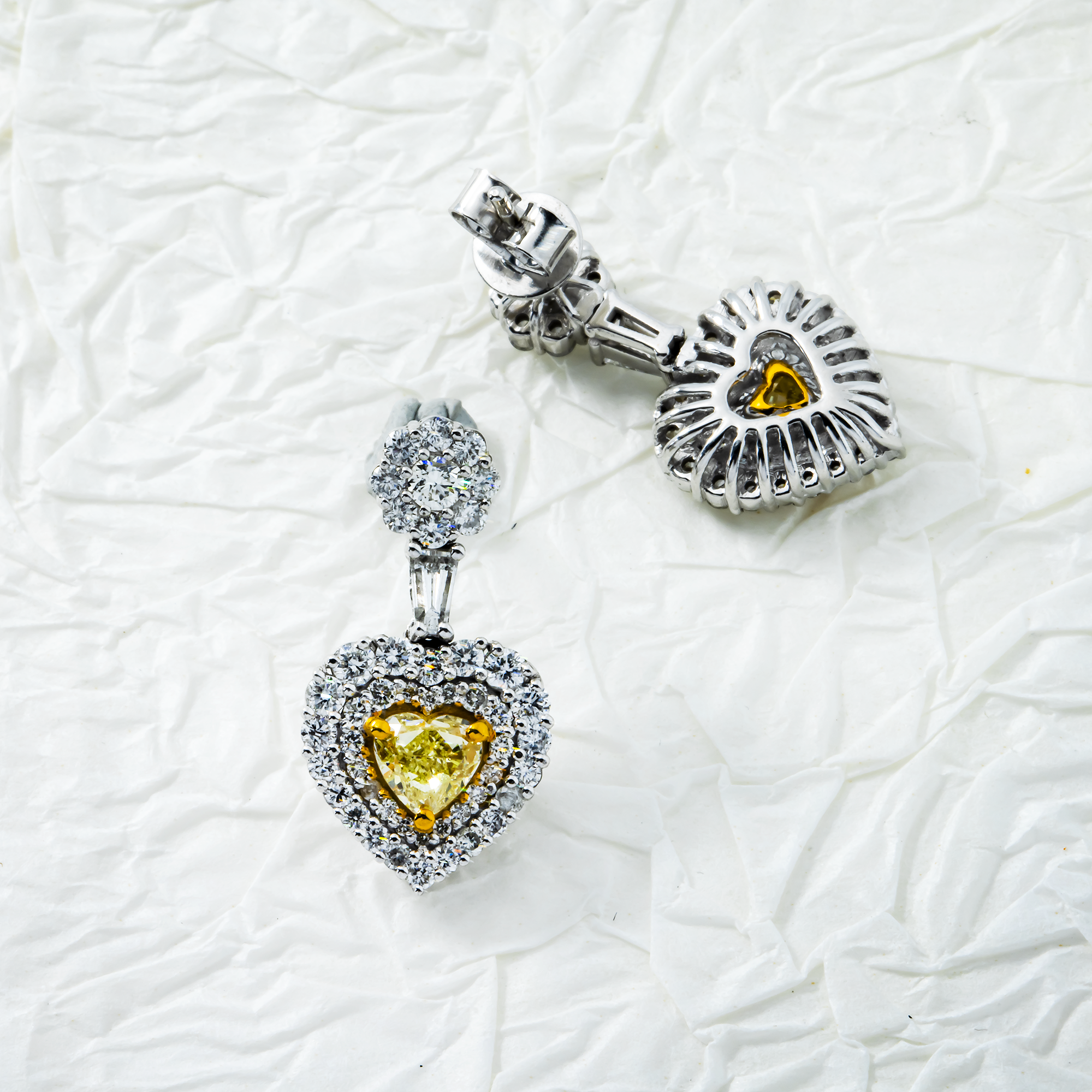 14K White Gold Heart Cut Fancy Yellow Diamond 3.25Ctw Earrings