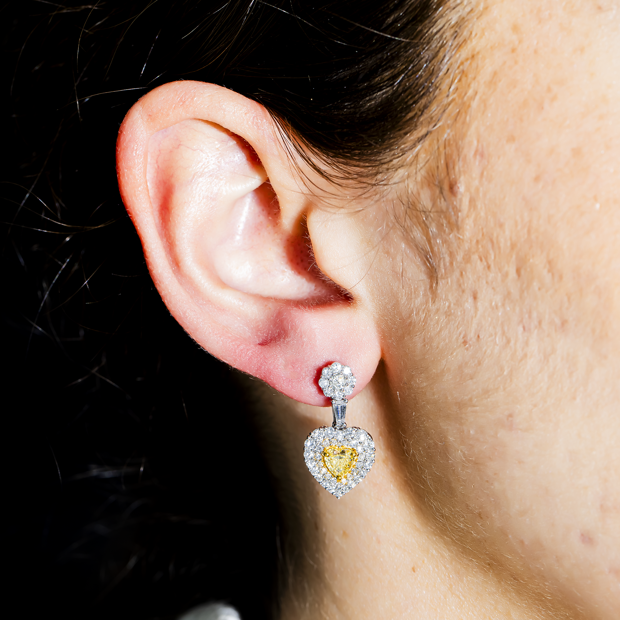 14K White Gold Heart Cut Fancy Yellow Diamond 3.25Ctw Earrings