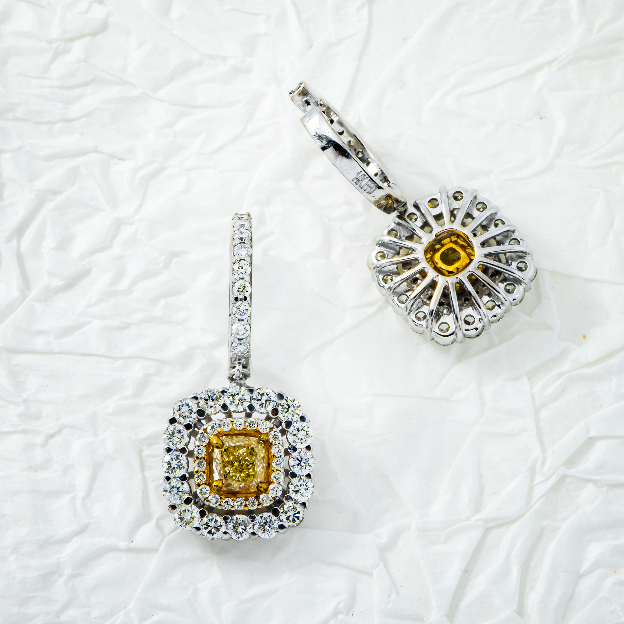 14K White Gold Cushion Cut Fancy Color Diamond Drop Earrings 2.87Ctw