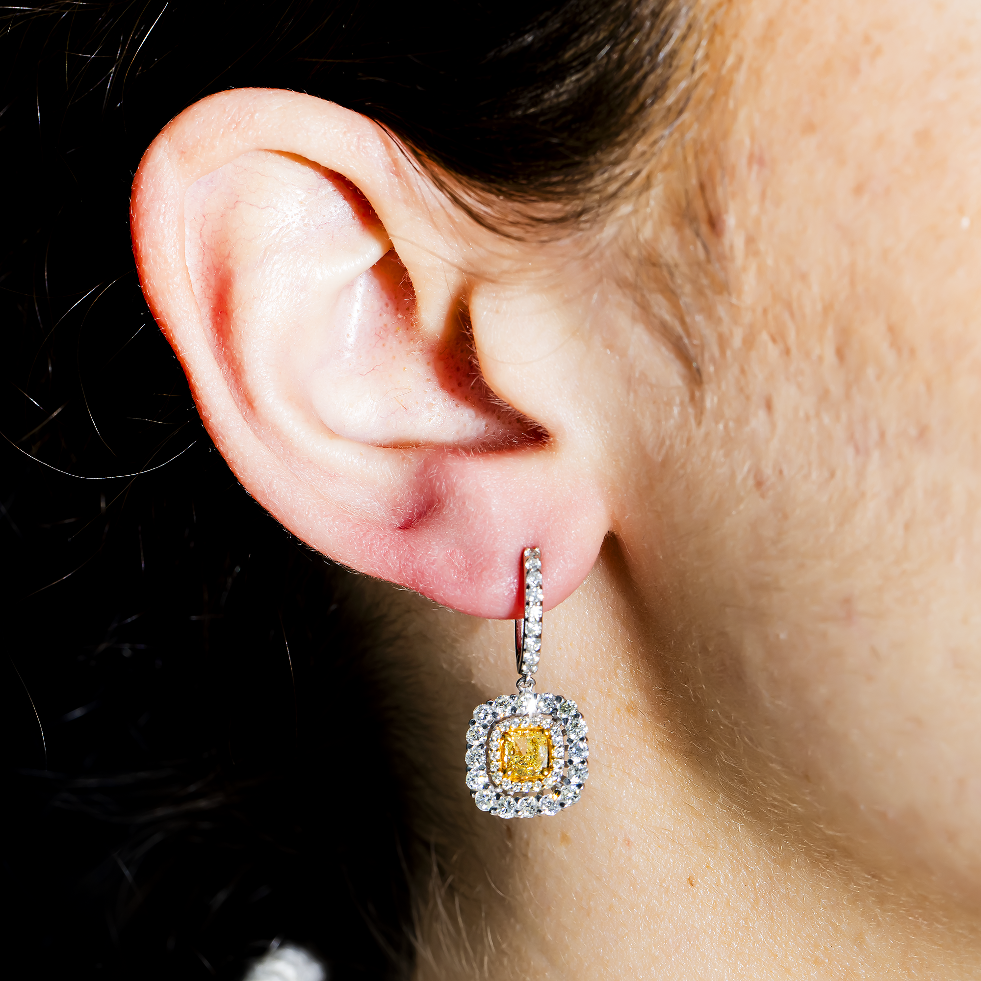 14K White Gold Cushion Cut Fancy Color Diamond Drop Earrings 2.87Ctw