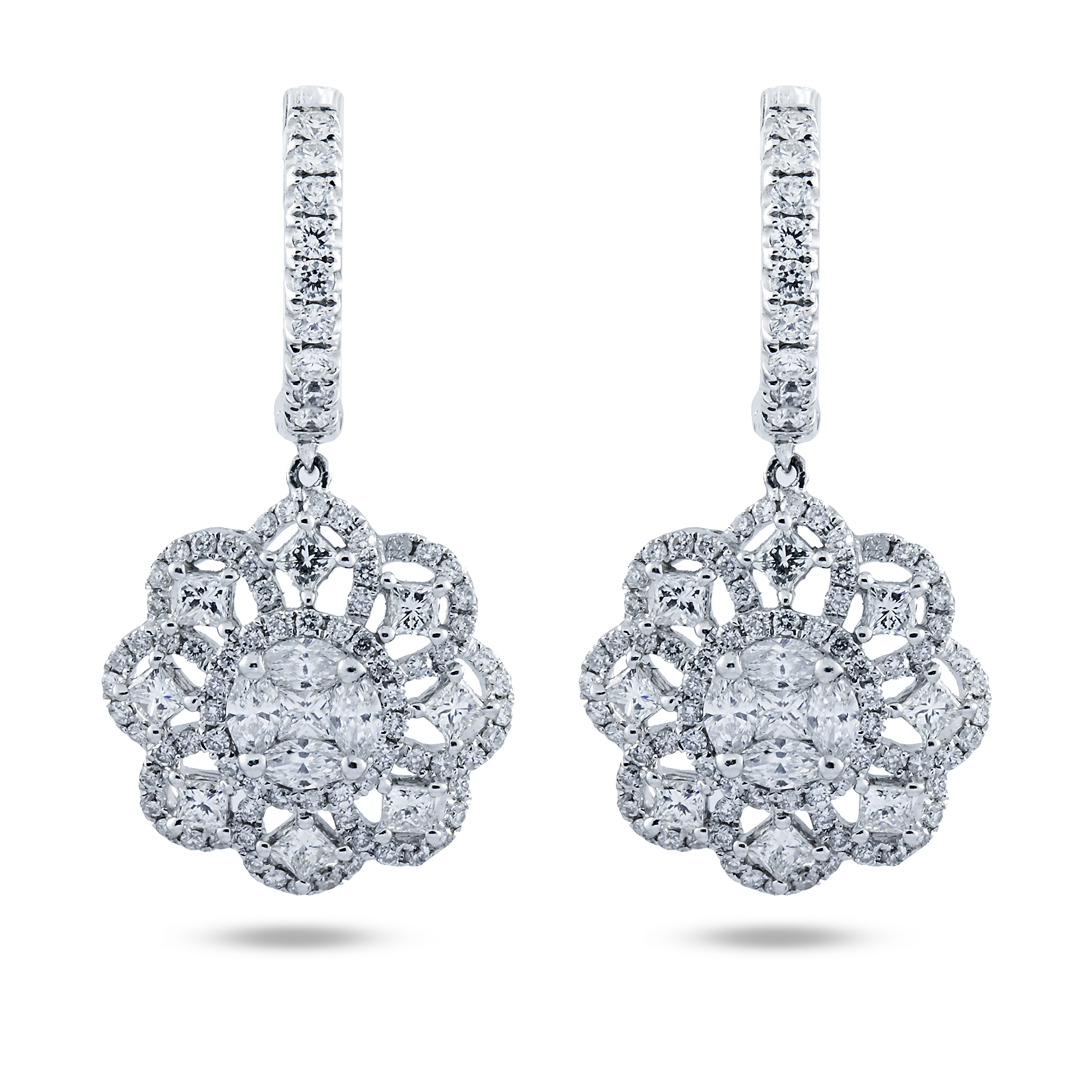 14K White Gold "Lace de Lumiere" Diamond Flower Drop Earrings 3.47ctw