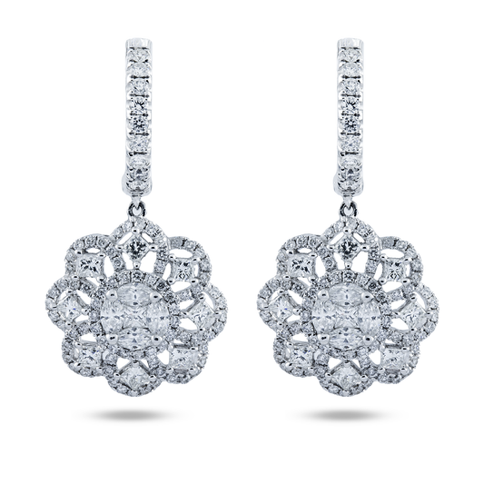 14K White Gold "Lace de Lumiere" Diamond Flower Drop Earrings 3.47ctw