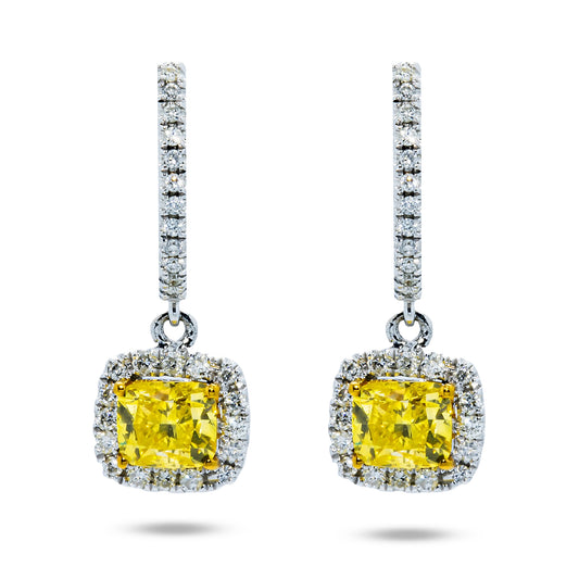 18K White Gold Cushion Cut Fancy Yellow Diamond Drop Earrings