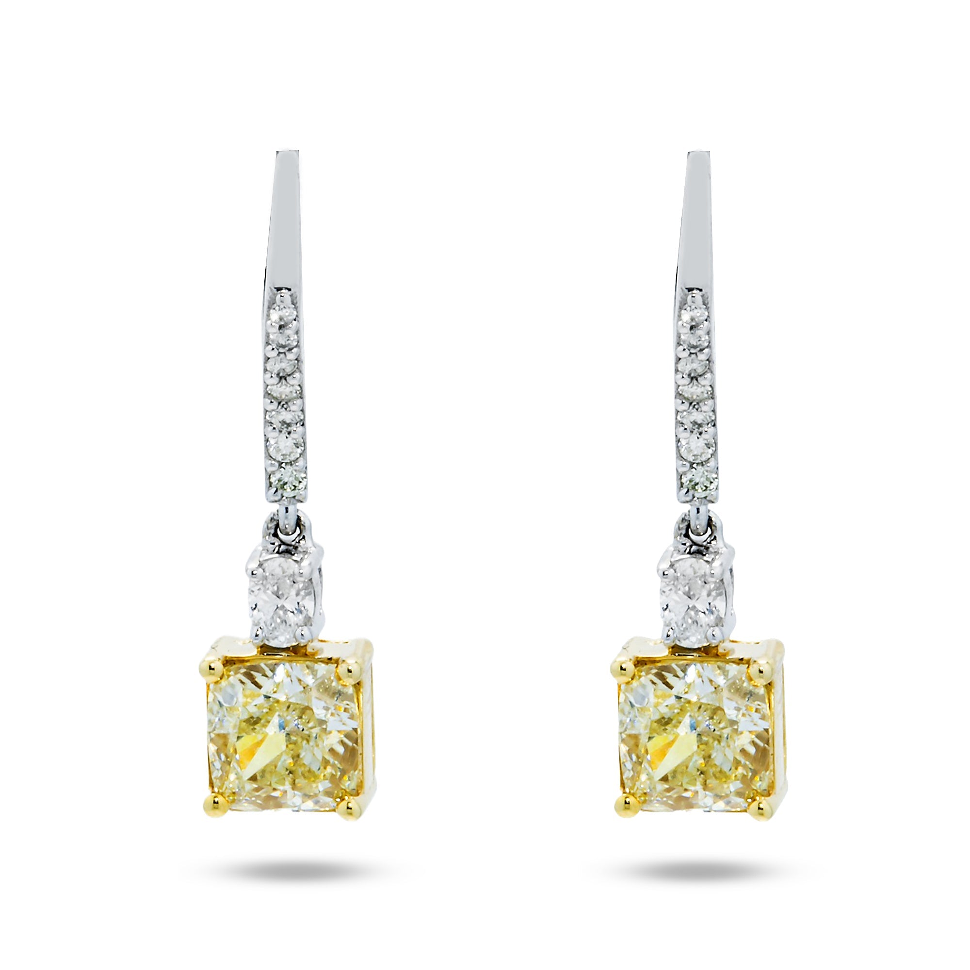 14K Two Tone Cushion Cut Fancy Yellow Diamond Drop Earrings 2.54Ctw