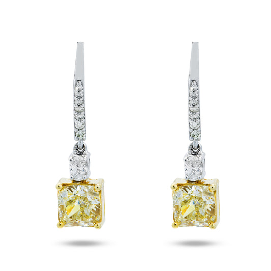 14K Two Tone Cushion Cut Fancy Yellow Diamond Drop Earrings 2.54ctw