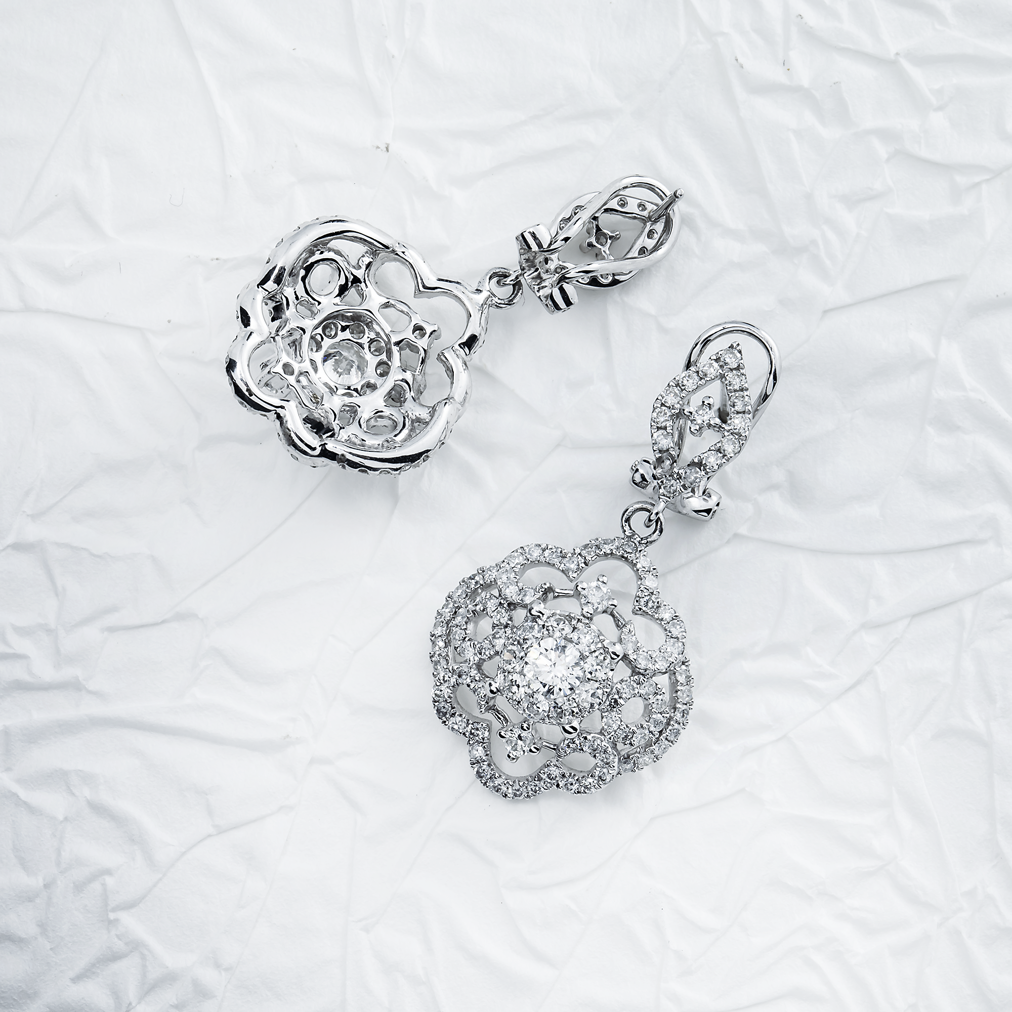 14K White Gold Round Diamond Flower Drop Earrings 2.21ctw
