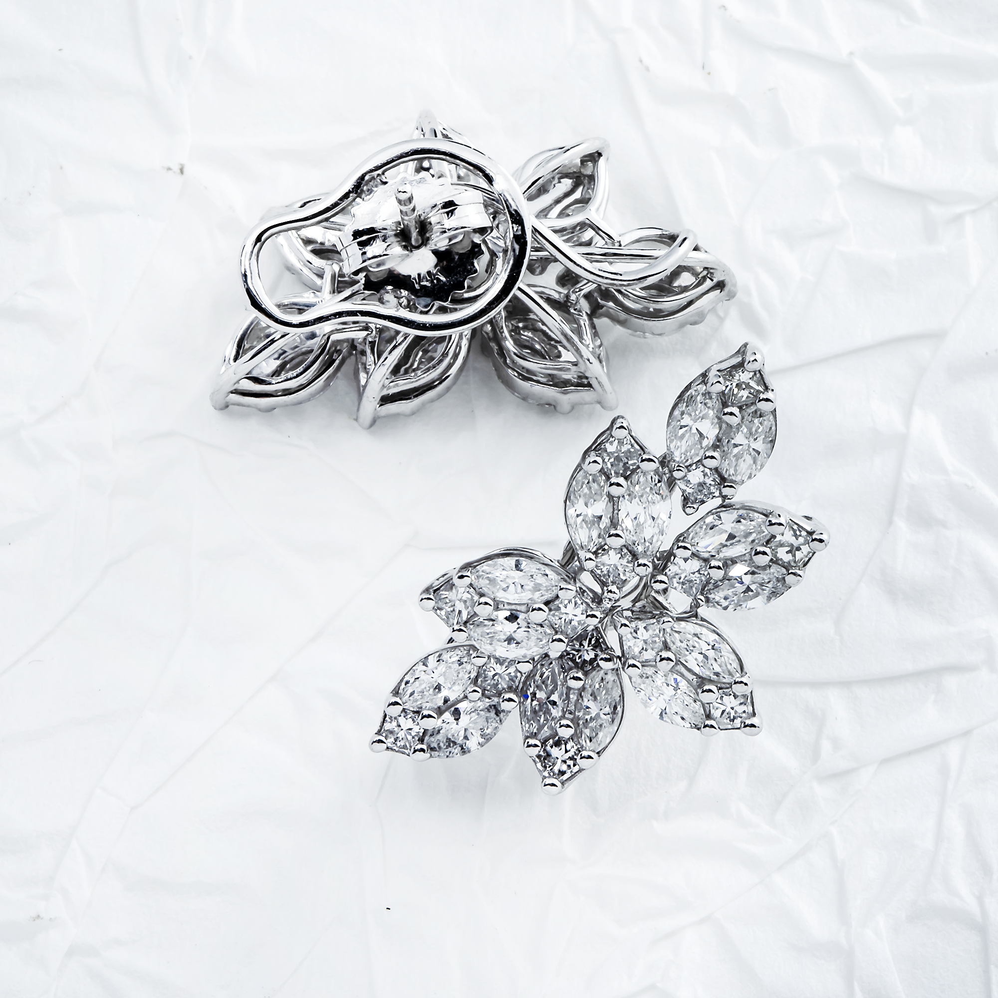 14K White Gold Marquise & Princess Diamond Vine Climber Earrings 4.38ctw