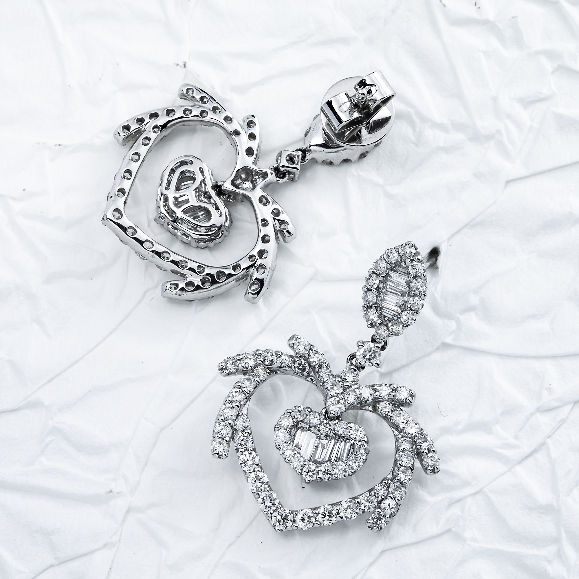 18K White Gold "Tough Love" Diamond Heart Drop Earrings 2.37ctw
