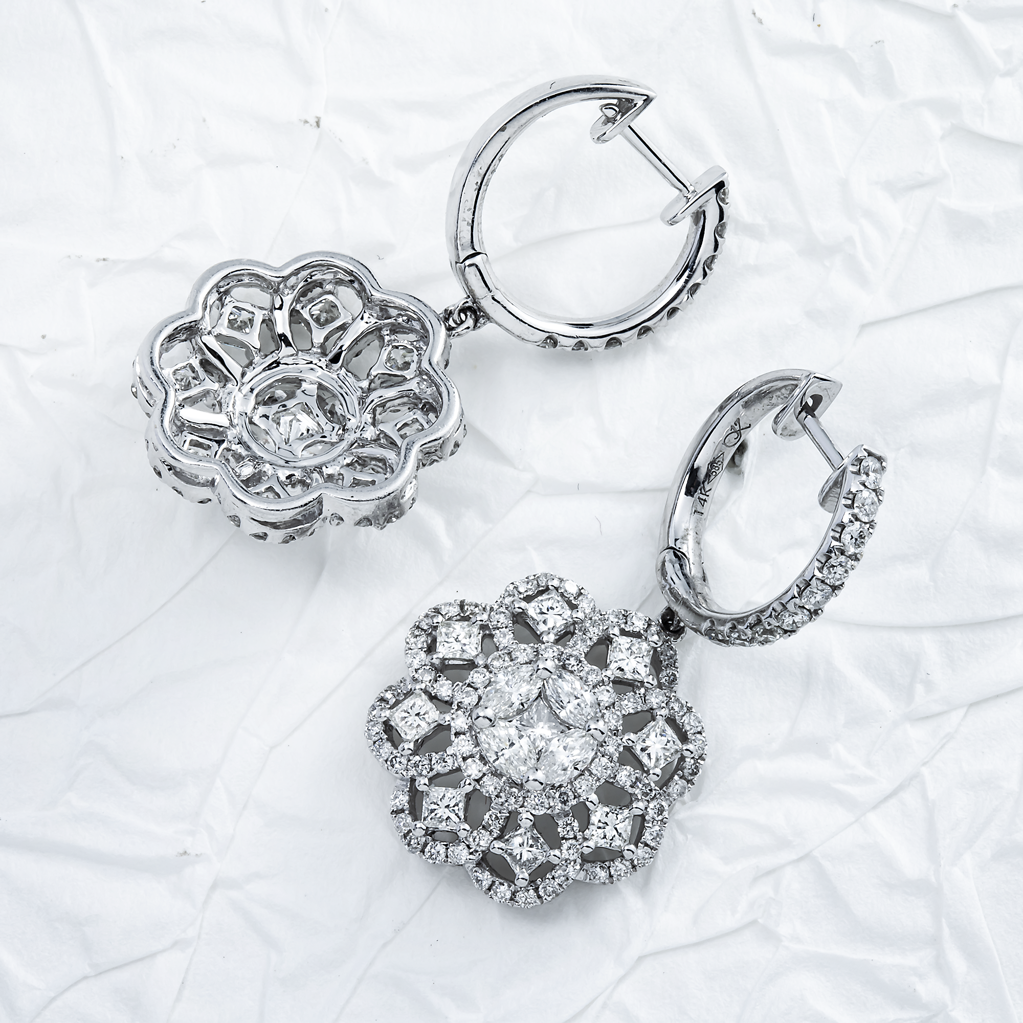14K White Gold "Lace de Lumiere" Diamond Flower Drop Earrings 3.47ctw