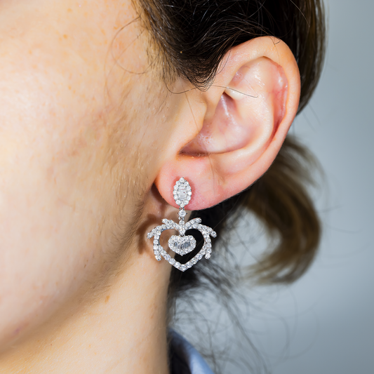 18K White Gold "Tough Love" Diamond Heart Drop Earrings 2.37ctw