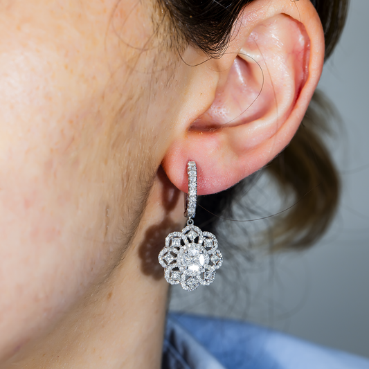 14K White Gold "Lace de Lumiere" Diamond Flower Drop Earrings 3.47ctw
