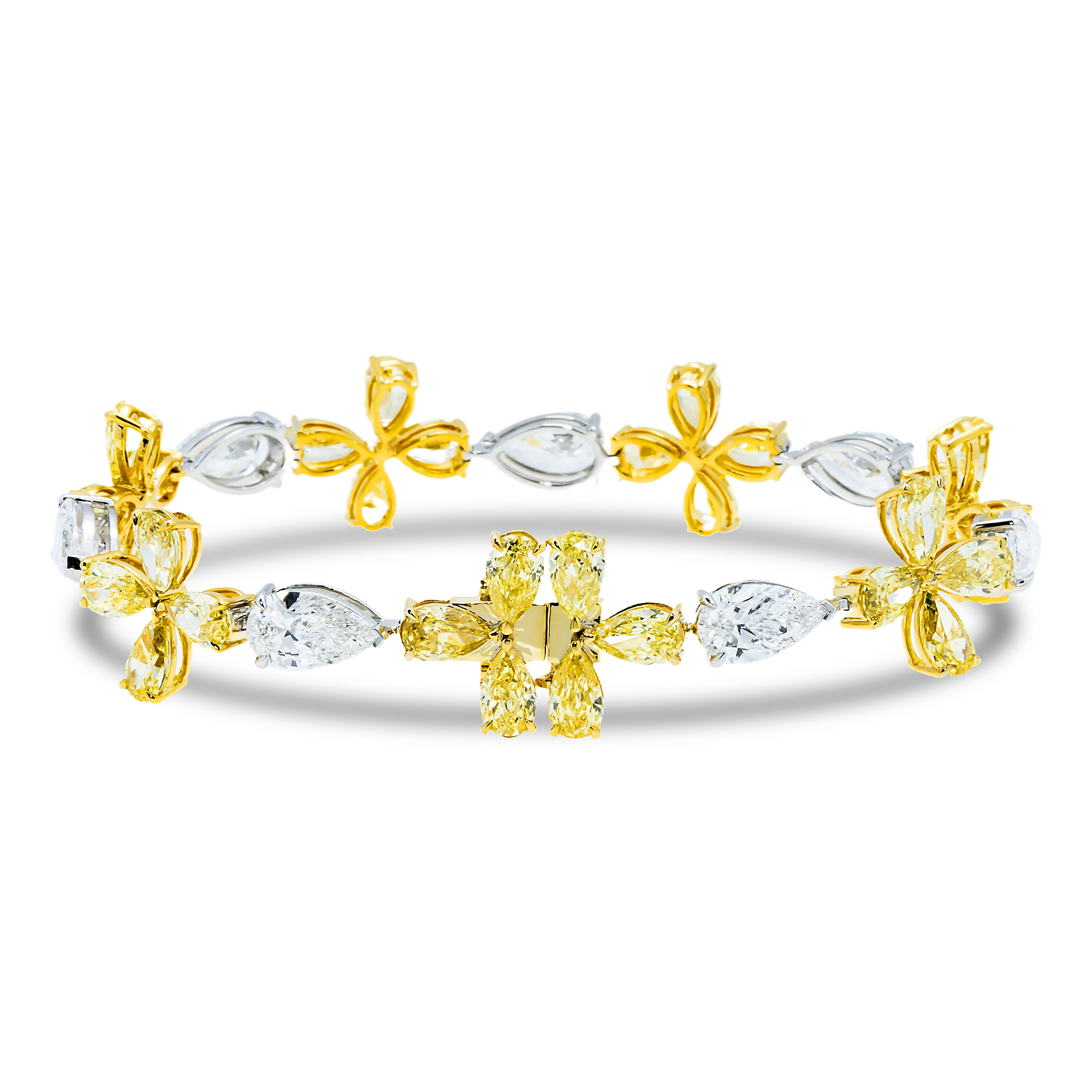 14K Two Tone Pear Cut White & Fancy Yellow Diamond Blooming Bracelet Bracelets