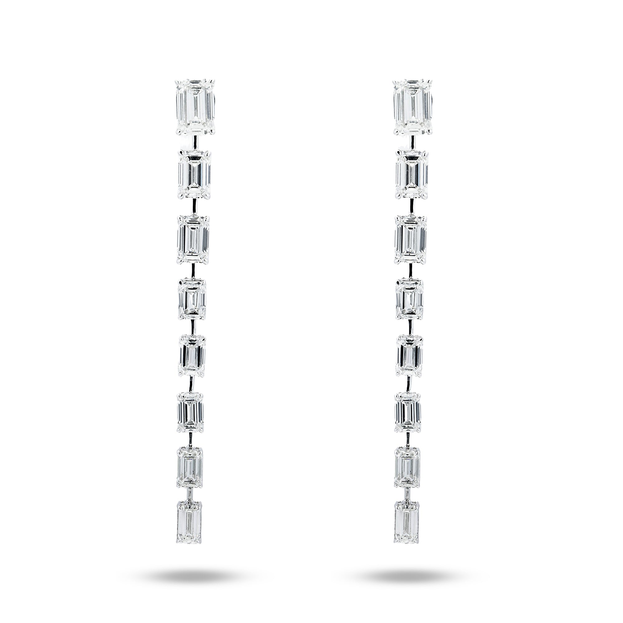 14K White Gold Emerald Cut Diamond Graduated Drop Earrings 13.54Ctw