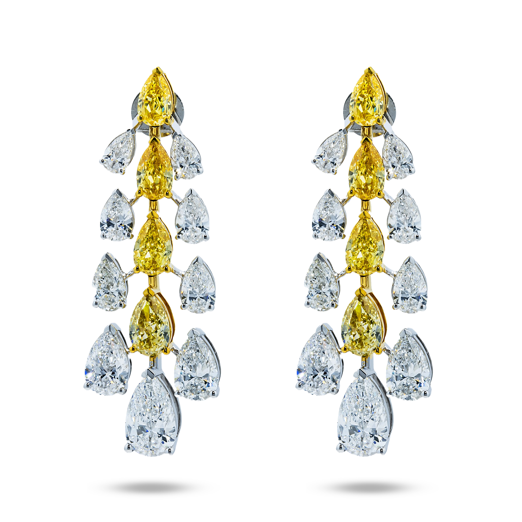 14K Two Tone Gold Pear Cut White & Fancy Yellow Diamond 16.33Ctw Earrings