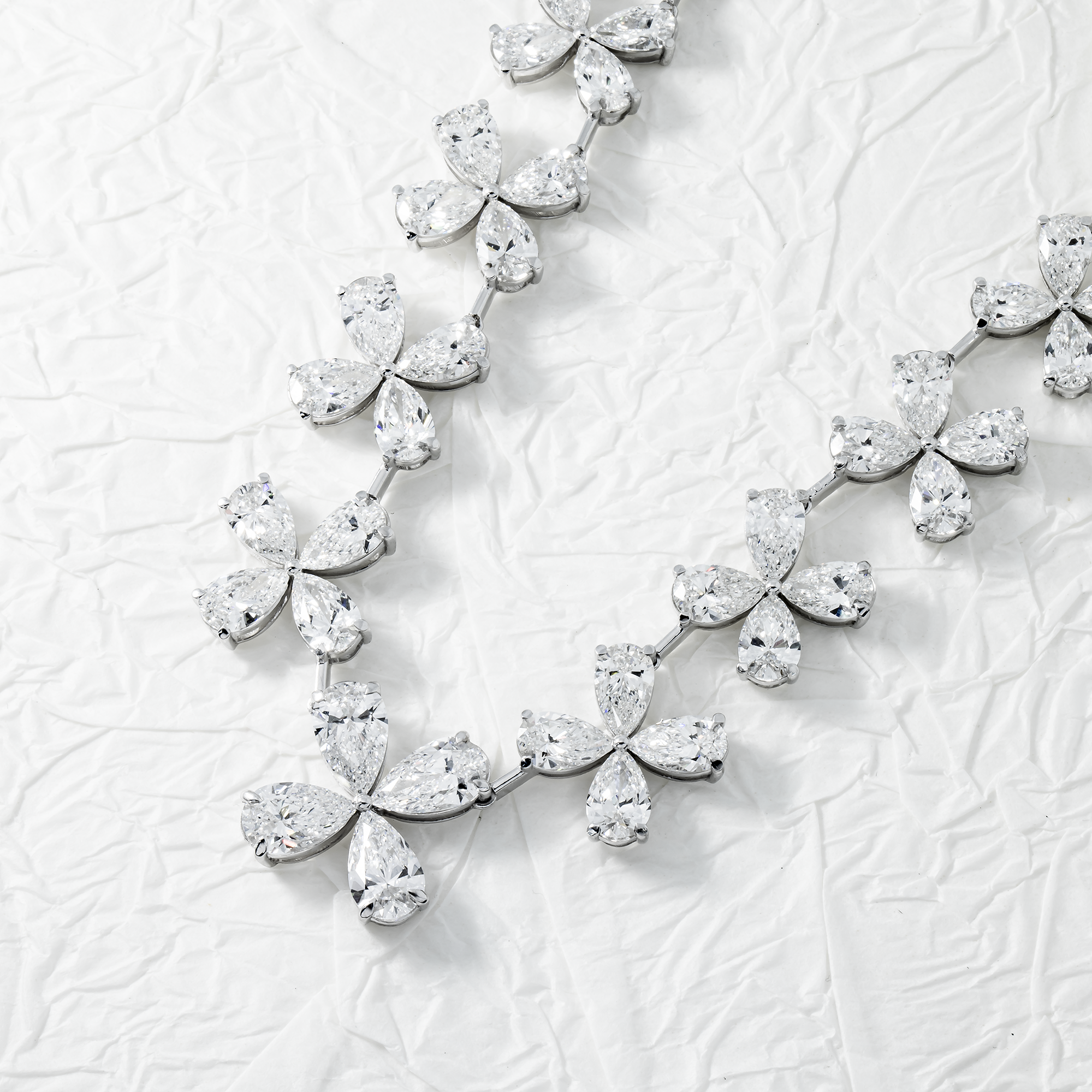 14K White Gold Pear Cut Diamond Graduated Flower Necklace 55.96Ctw Necklace
