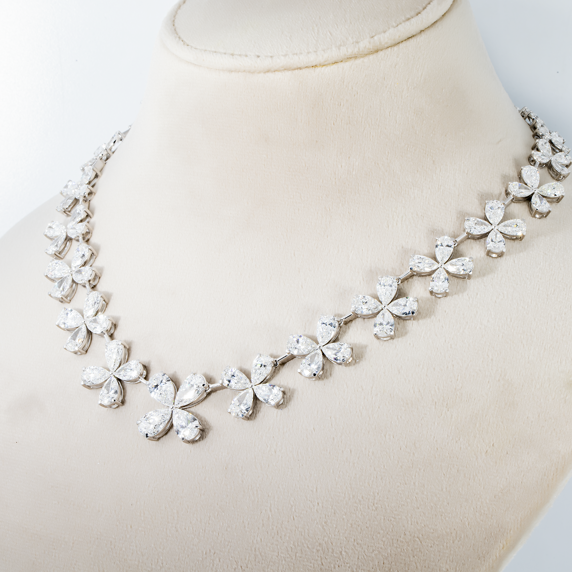 14K White Gold Pear Cut Diamond Graduated Flower Necklace 55.96Ctw Necklace