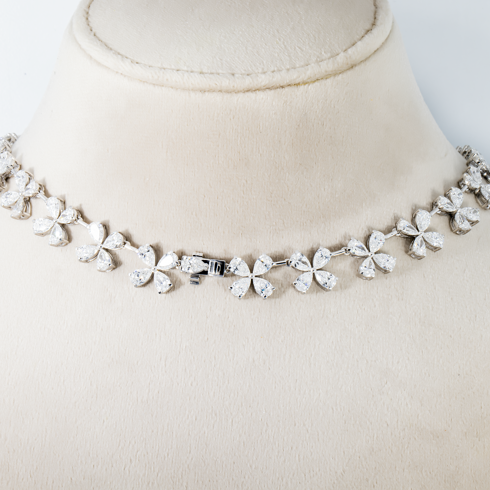 14K White Gold Pear Cut Diamond Graduated Flower Necklace 55.96Ctw Necklace