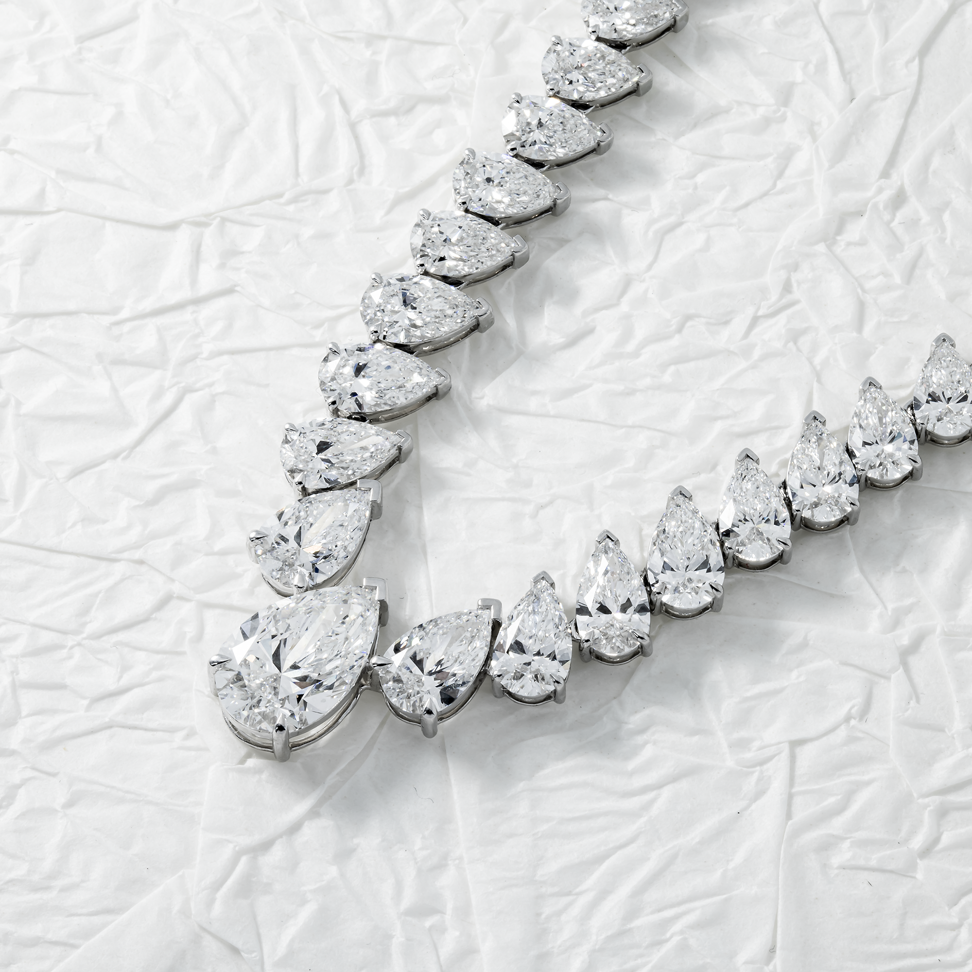 14K White Gold Graduated Pear Cut Diamond Necklace 45.79Ct Necklace