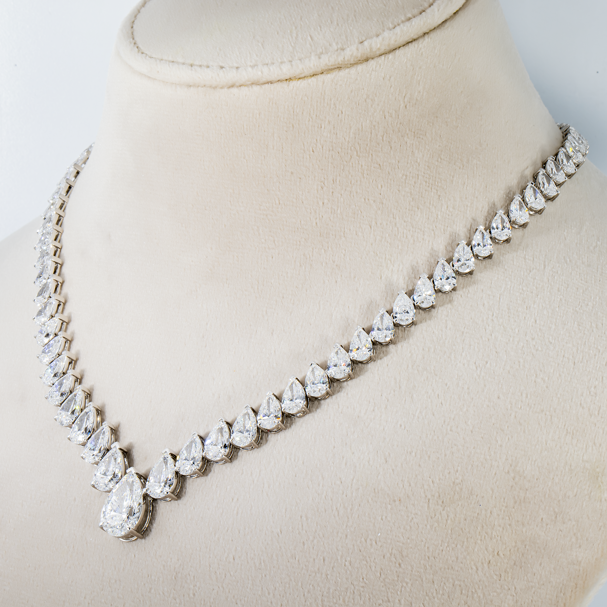 14K White Gold Graduated Pear Cut Diamond Necklace 45.79Ct Necklace