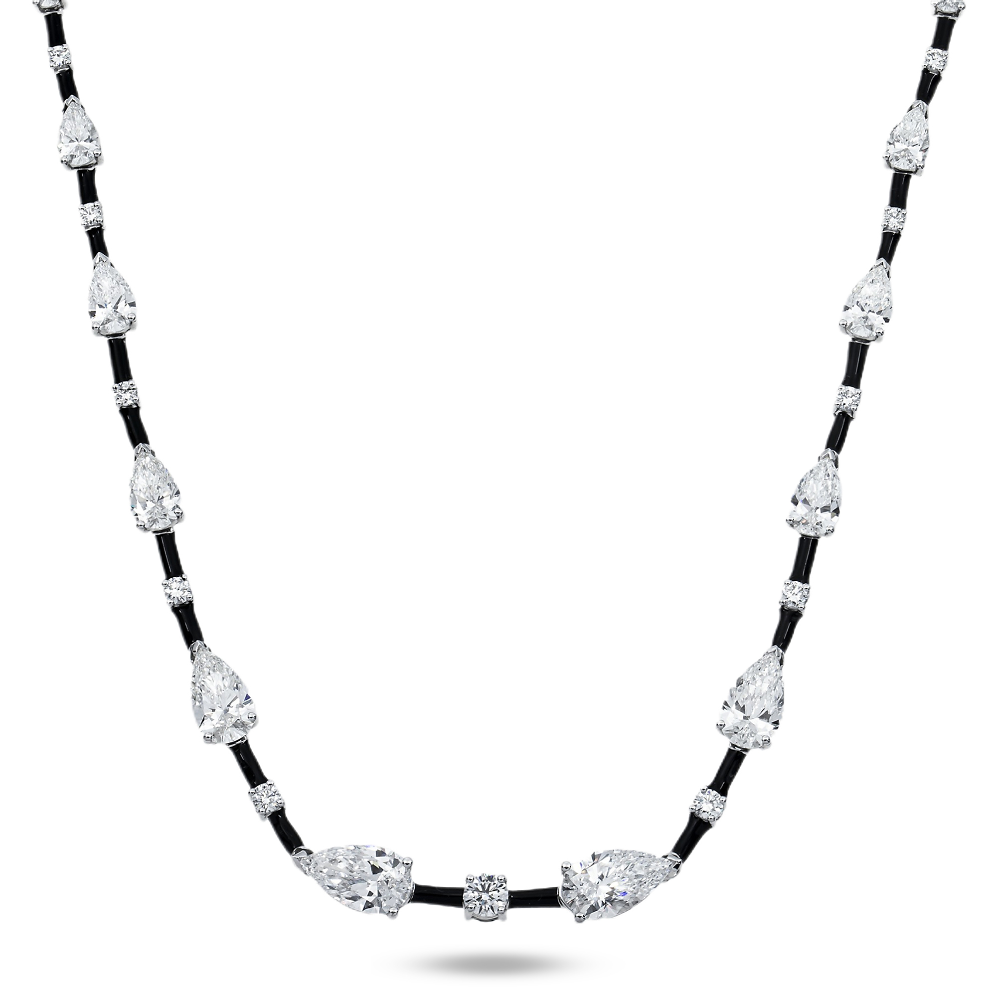 14K White Gold Pear & Round Cut Black Enamel Chain Necklace 15.06Ct Necklace