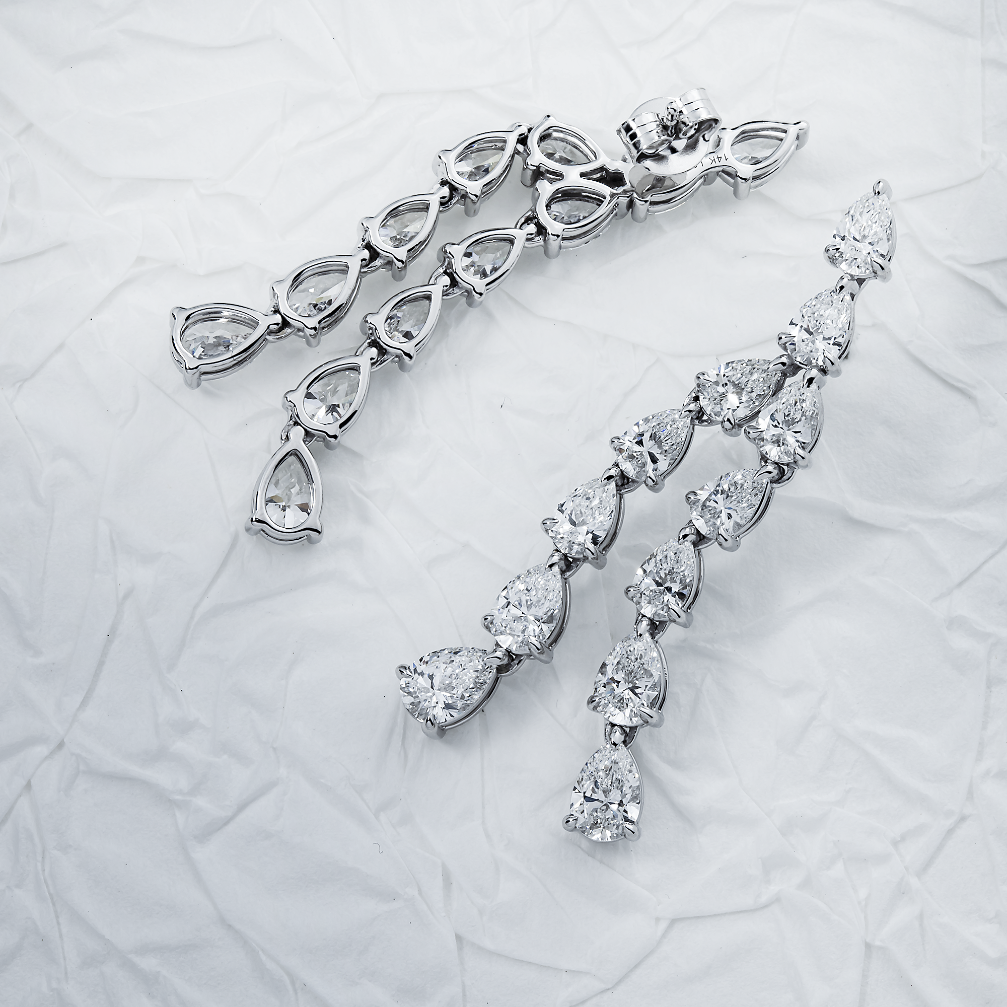14K White Gold Two-Teir Pear Cut Diamond Drop Earrings 7.47ctw
