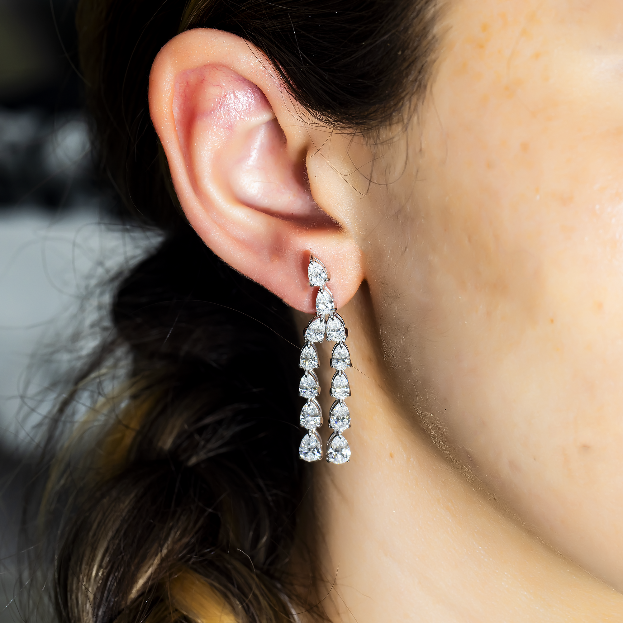 14K White Gold Two-Teir Pear Cut Diamond Drop Earrings 7.47ctw