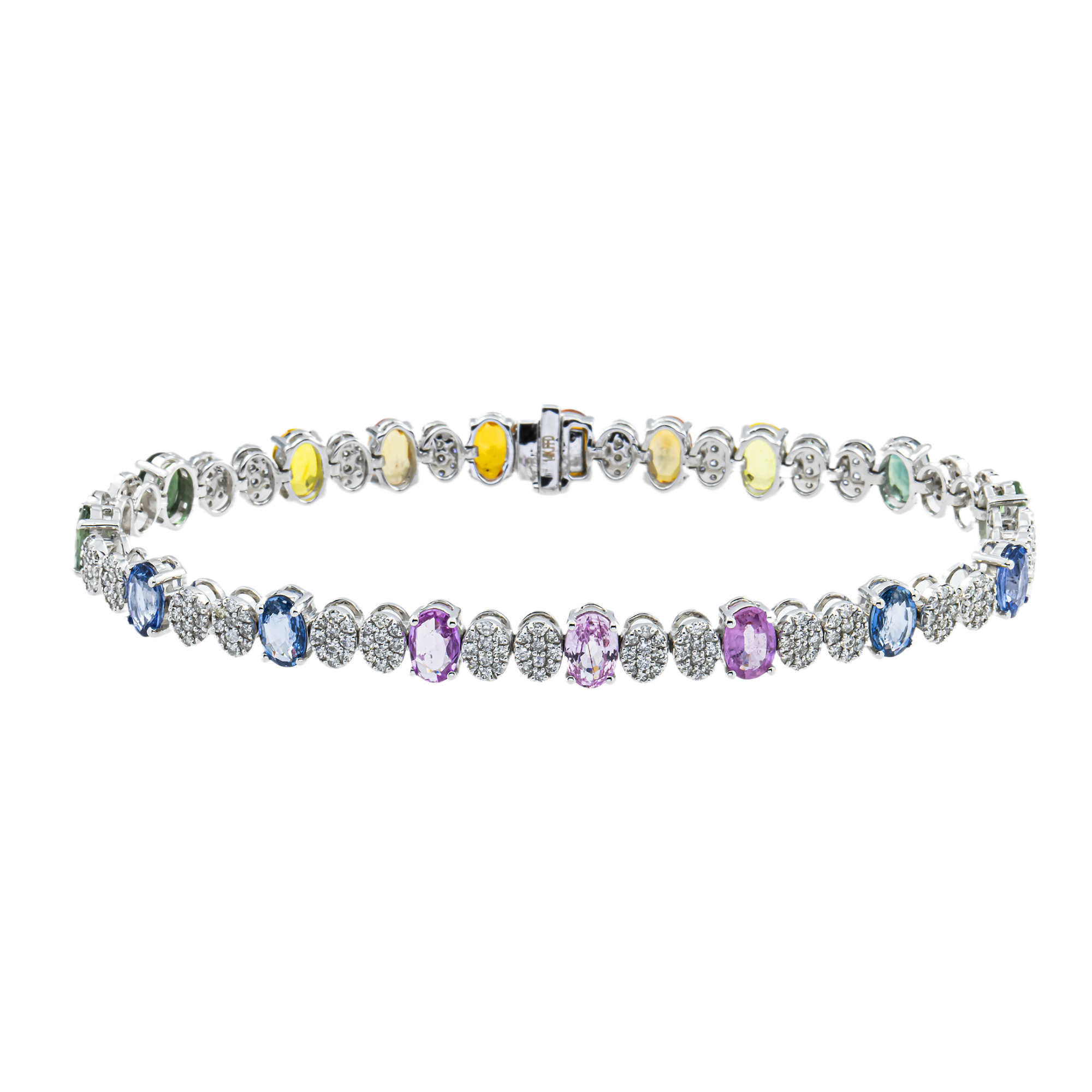 14K White Gold Oval Cut Rainbow Gemstone & Diamond Tennis Bracelet 10.15ct
