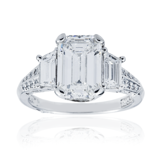 GIA Platinum 3.07ct Emerald Cut Diamond Engagement Ring 4.27ctw