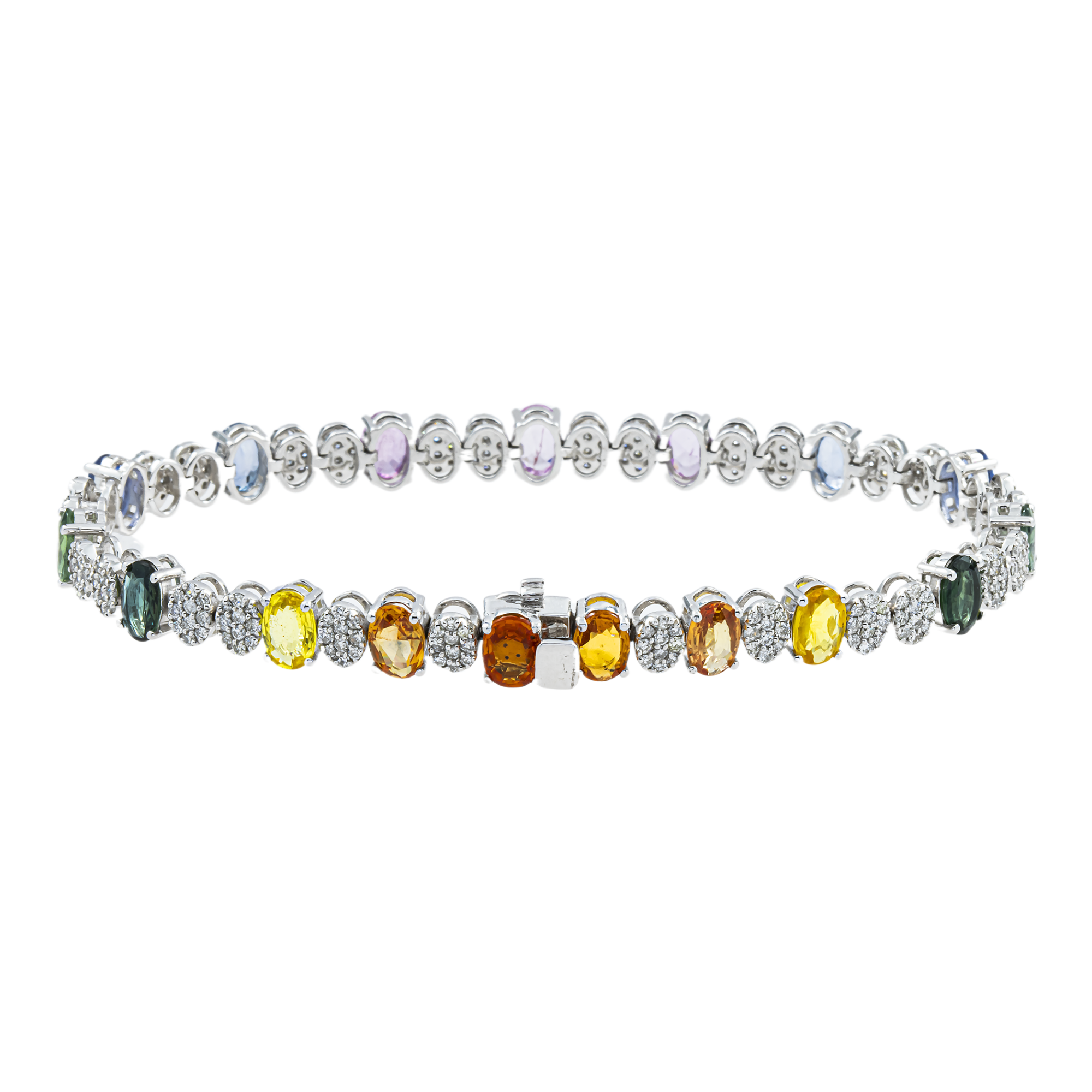 14K White Gold Oval Cut Rainbow Gemstone & Diamond Tennis Bracelet 10.15ct